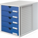 HAN Schubladenbox Systembox 1450-14 5 Schubfächer DIN C4 lichtgrau blau