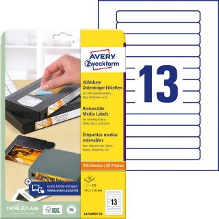 Avery Zweckform Etiketten für VHS-Videokassetten L4746REV-25 weiß