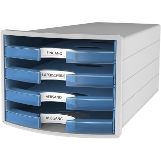 HAN Schubladenbox IMPULS 1013-64 DIN C4 4 offene Schubfcher grau blau transp.