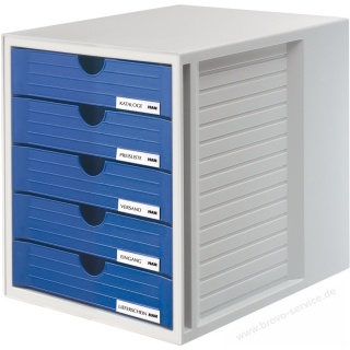 HAN Schubladenbox Systembox 1450-14 5 Schubfcher DIN C4 lichtgrau blau