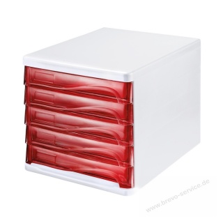 Helit Schubladenbox H6129420 mit 5 Schüben lichtgrau rot transparent
