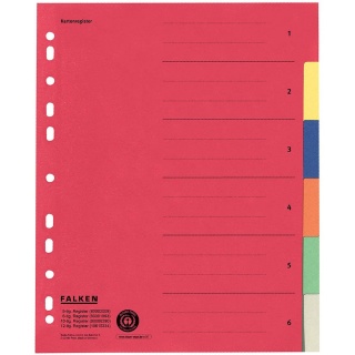 Falken Karton-Register A4volle Hhe 6-teilig 80001993 blanko Taben farbig