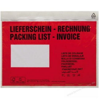 Dokumententaschen C5 rot bedruckt Lieferschein-Rechnung 250er Pack